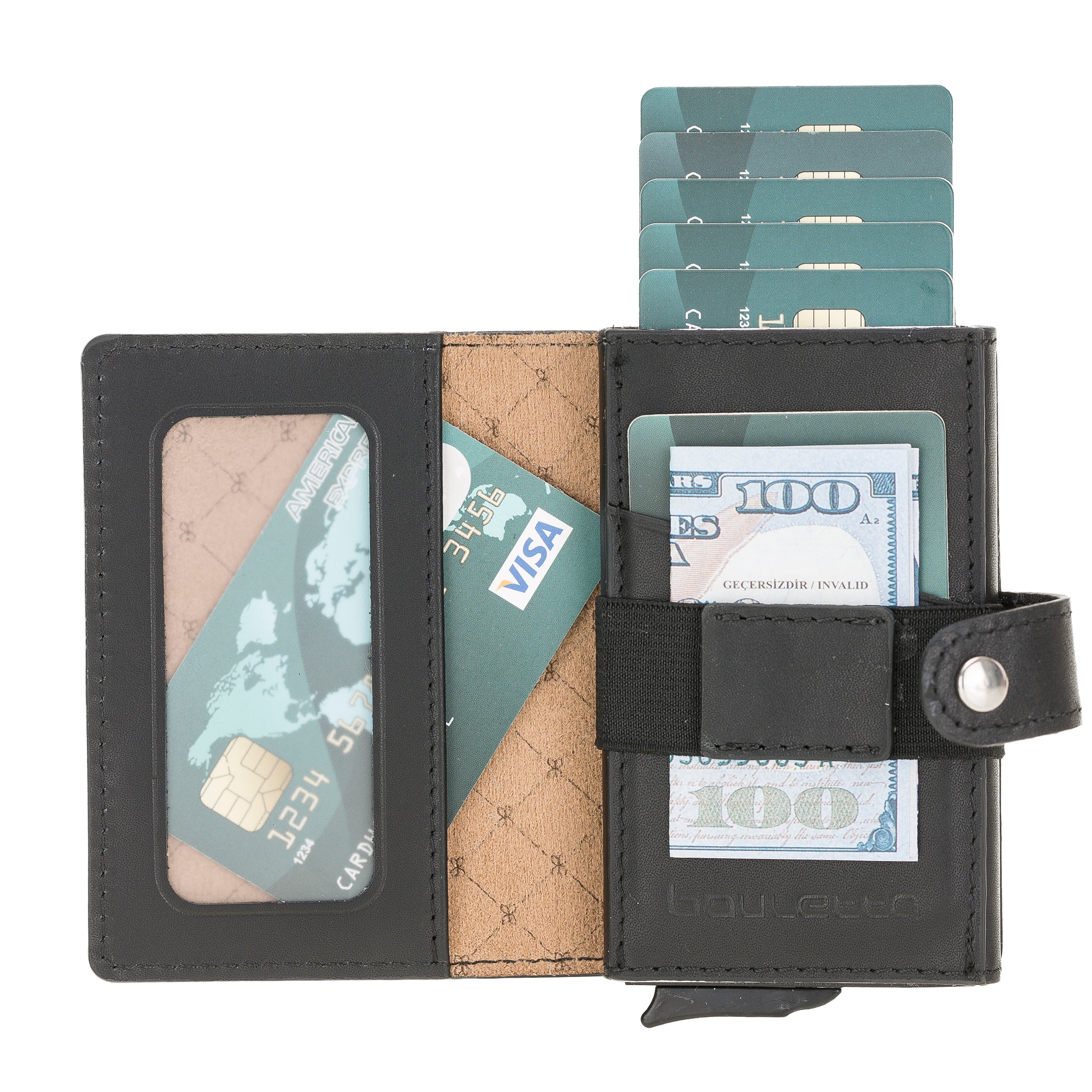 Carlov Leather Mechanism Wallet Card Holder with RFID