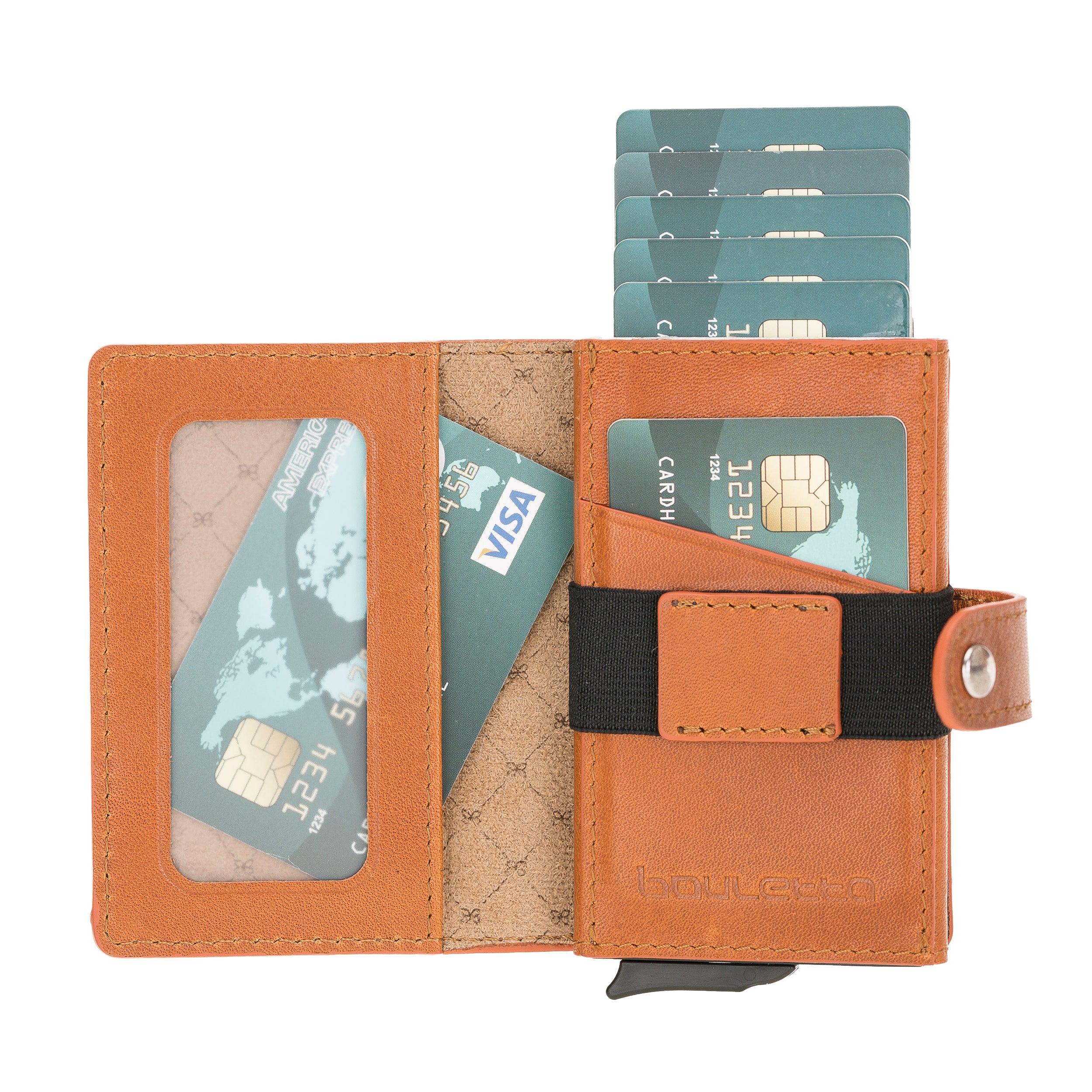 Carlov Leather Mechanism Wallet Card Holder with RFID