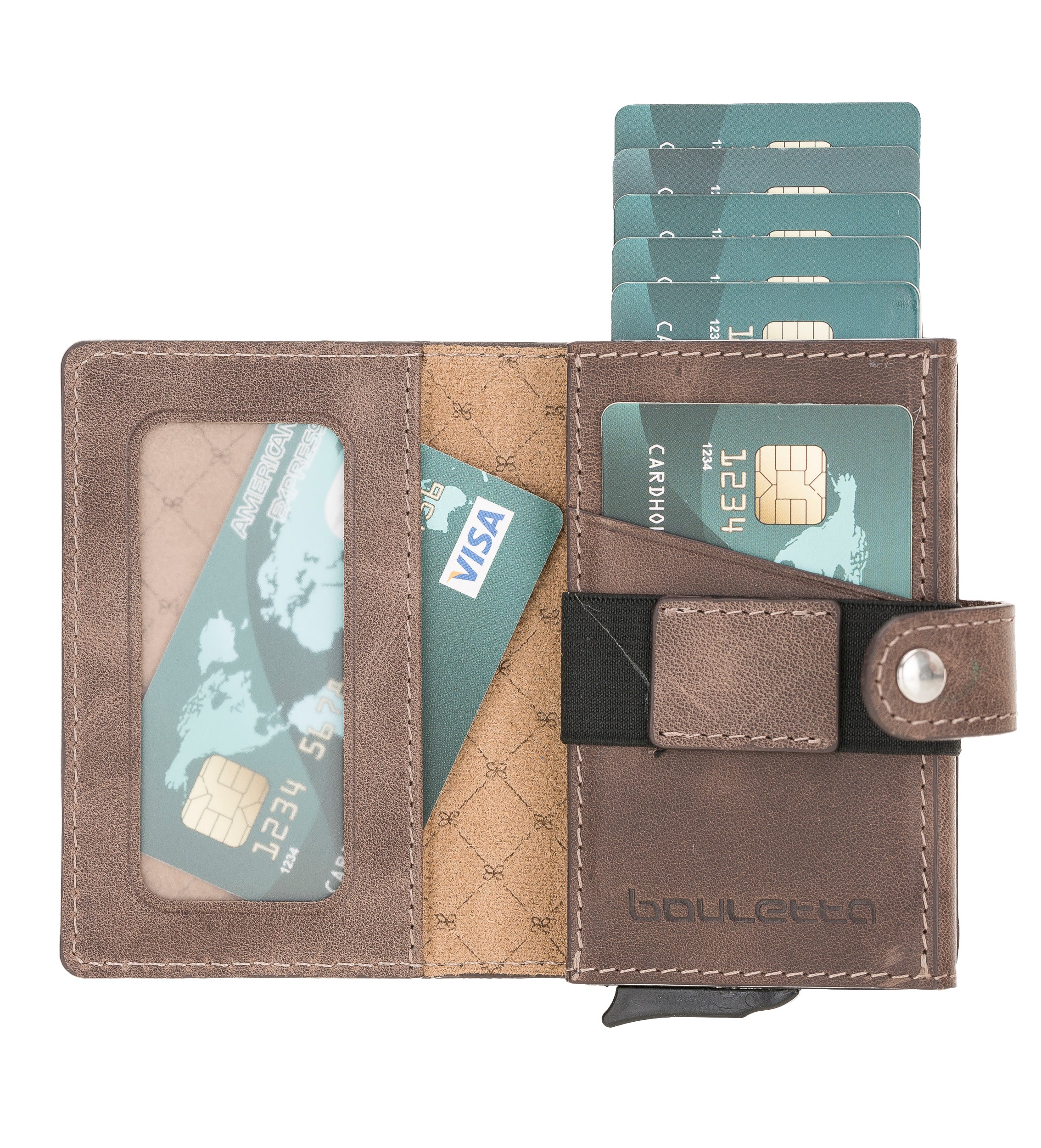 Carlov Leather Mechanism Wallet Card Holder with RFID