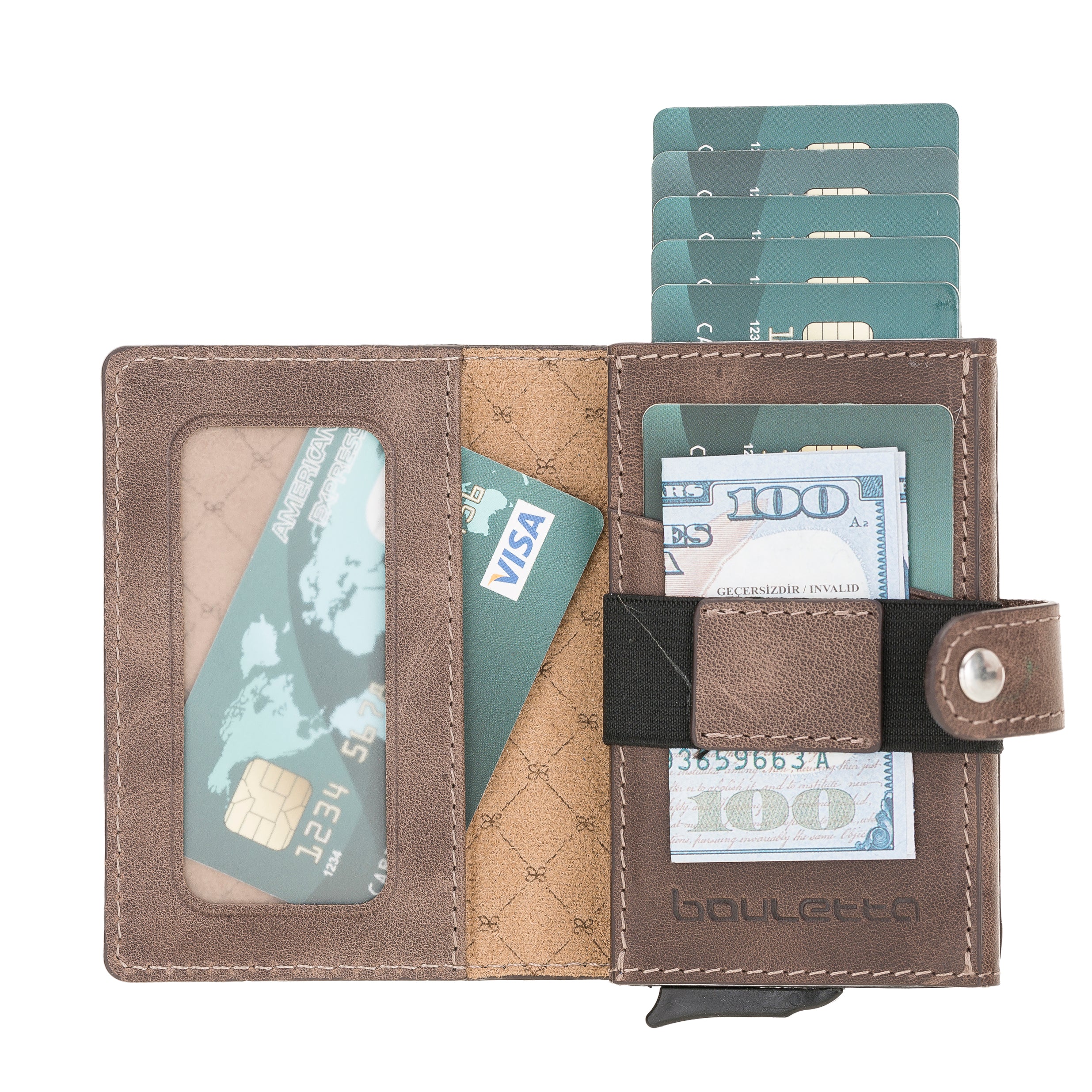 Carlov Leather Mechanism Wallet Card Holder with RFID