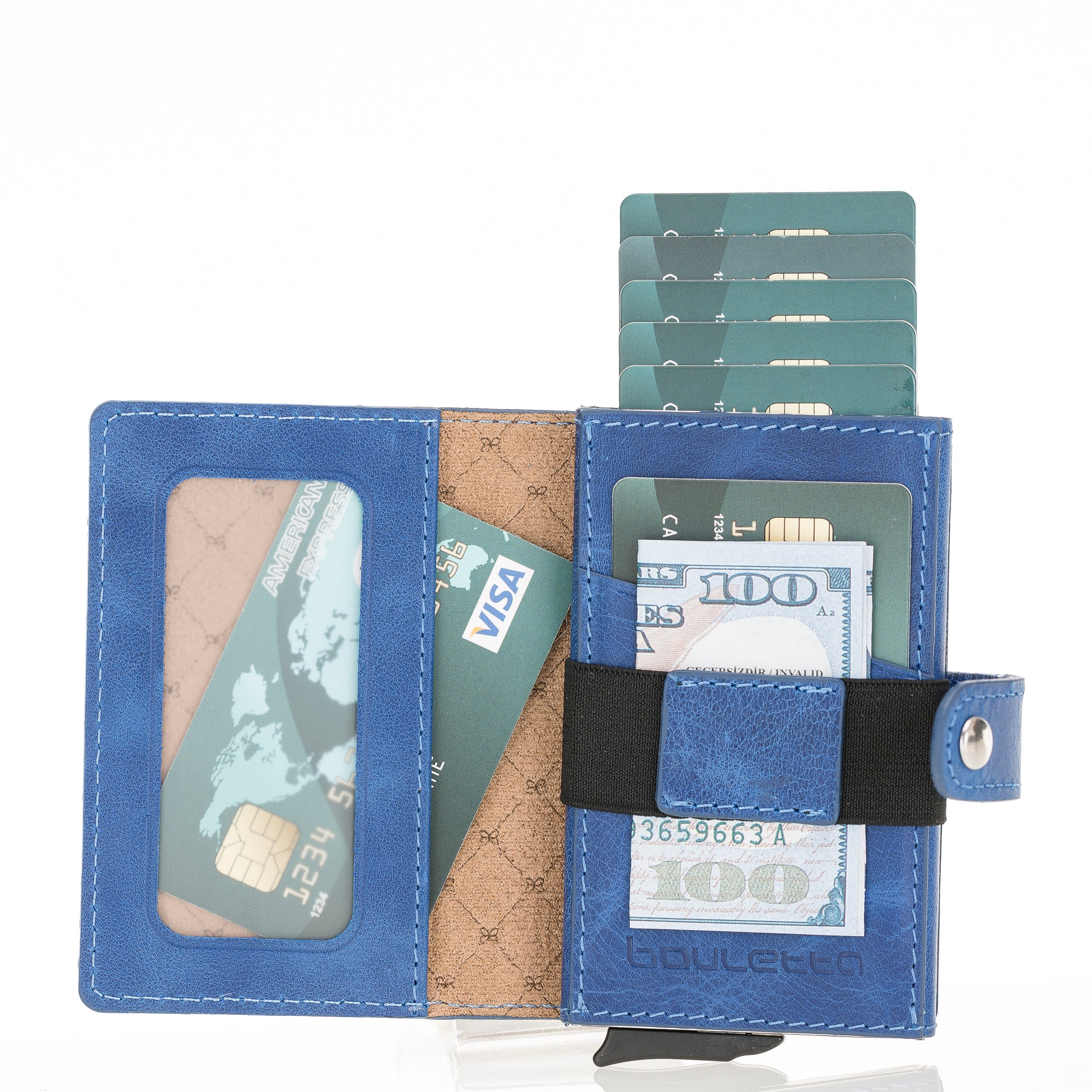 Carlov Leather Mechanism Wallet Card Holder with RFID