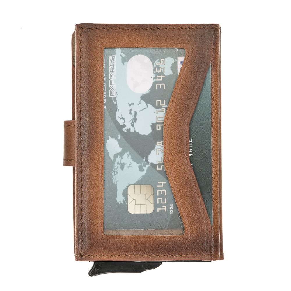 Terry Window Leather Mechanism Wallet Card Holder with RFID