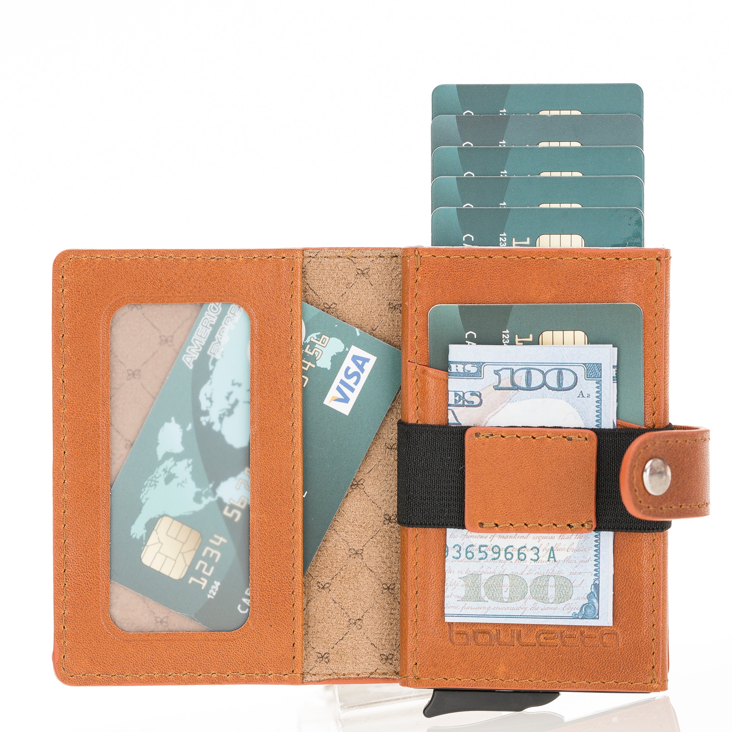 Carlov Leather Mechanism Wallet Card Holder with RFID