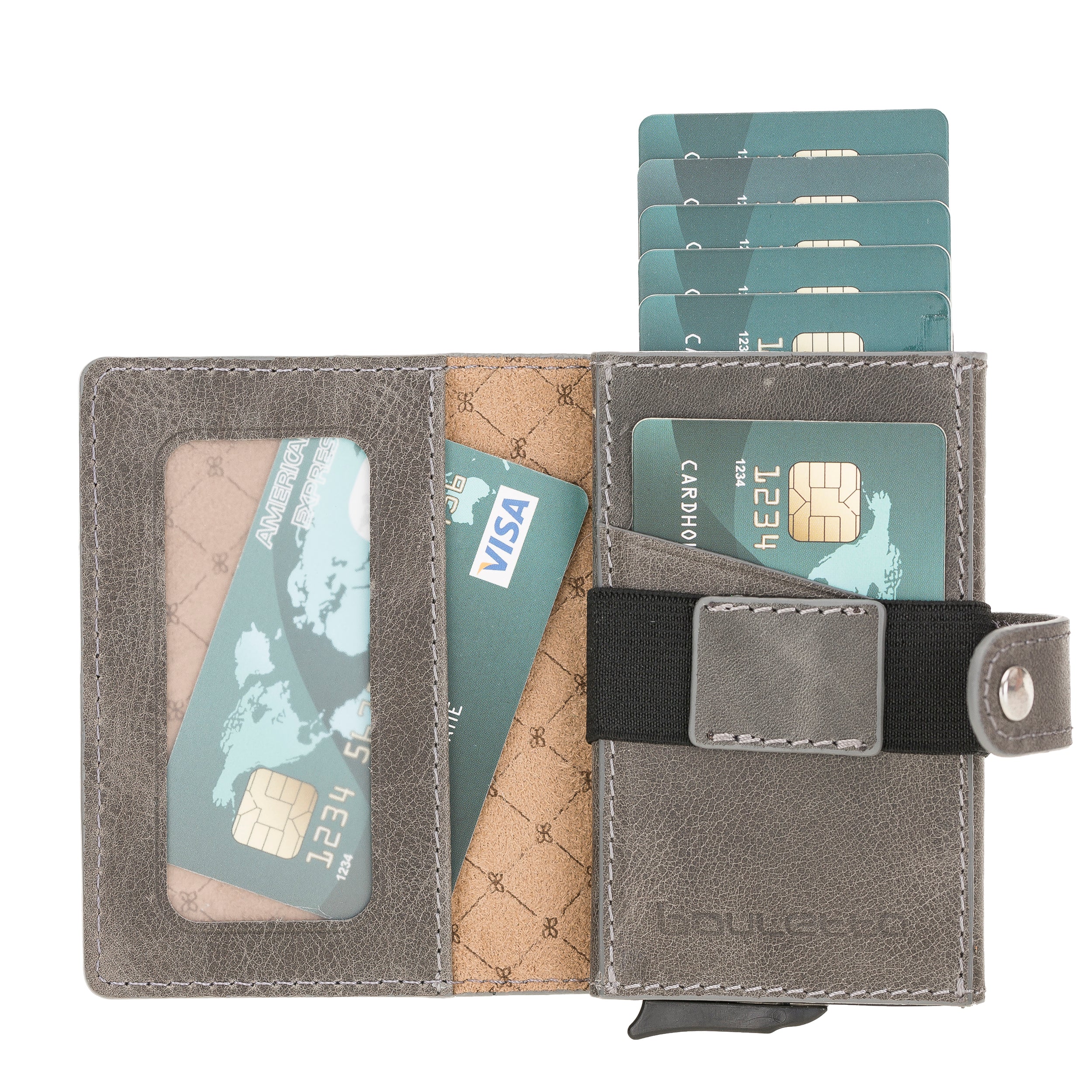 Carlov Leather Mechanism Wallet Card Holder with RFID