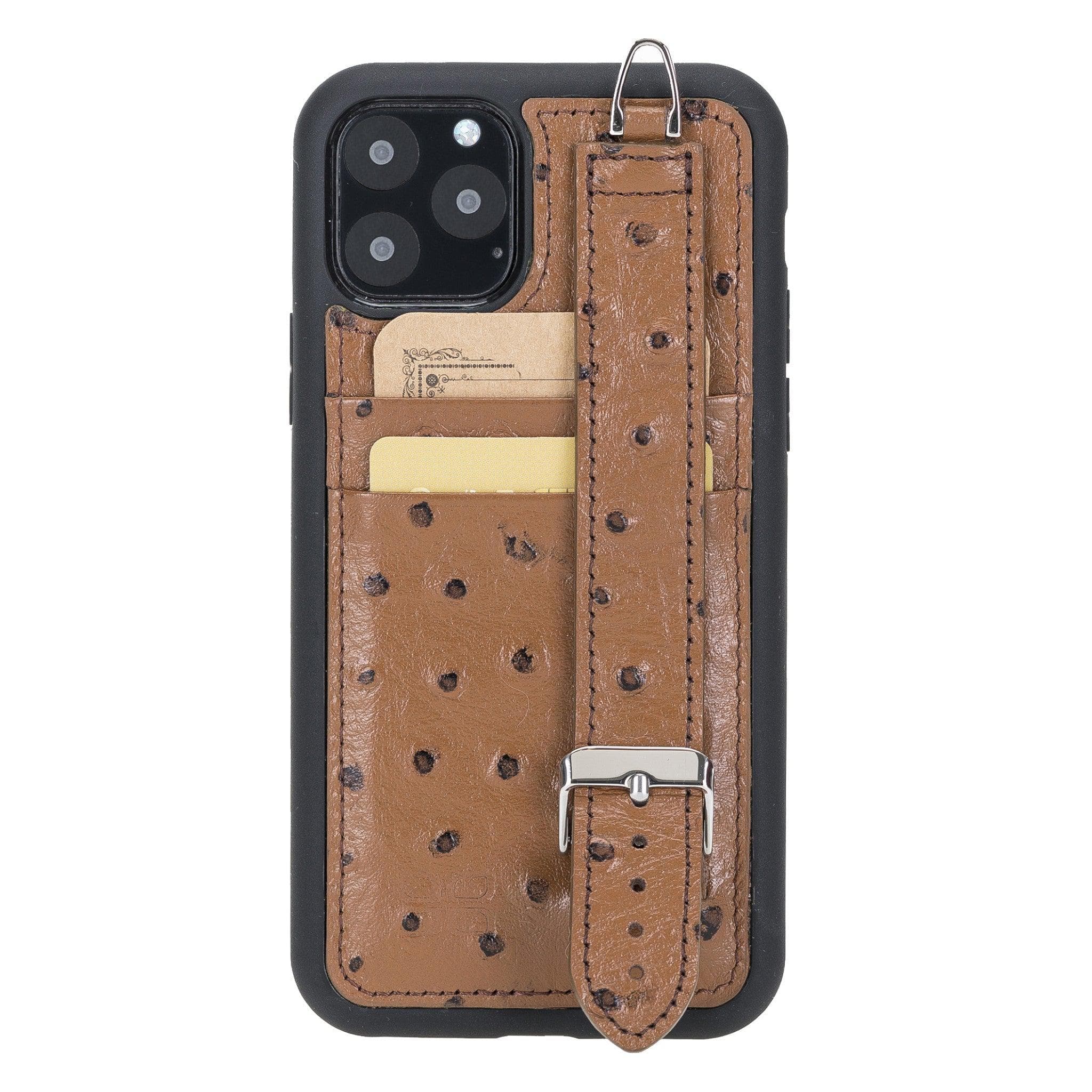 Flexible Leather Back Cover with Hand Strap for iPhone 11 Series iPhone 11 Pro Max / Ostrich Brown Bouletta LTD