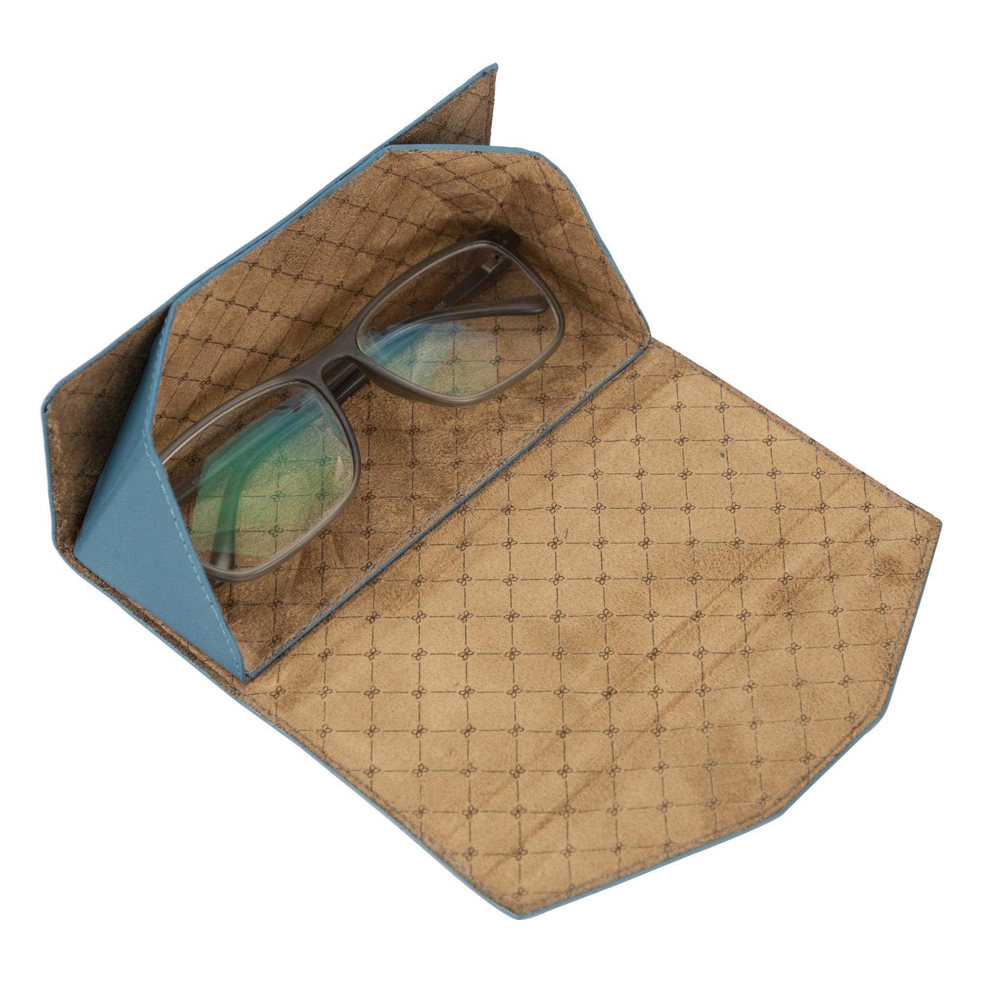 Handmade Genuine Leather Eyewear Case - Magnetic Triangular Design Blue Bouletta LTD